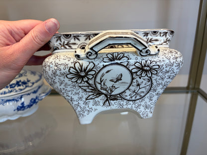 Stunning antique Ridgways brown transferware lidded tureen featuring birds! As is!