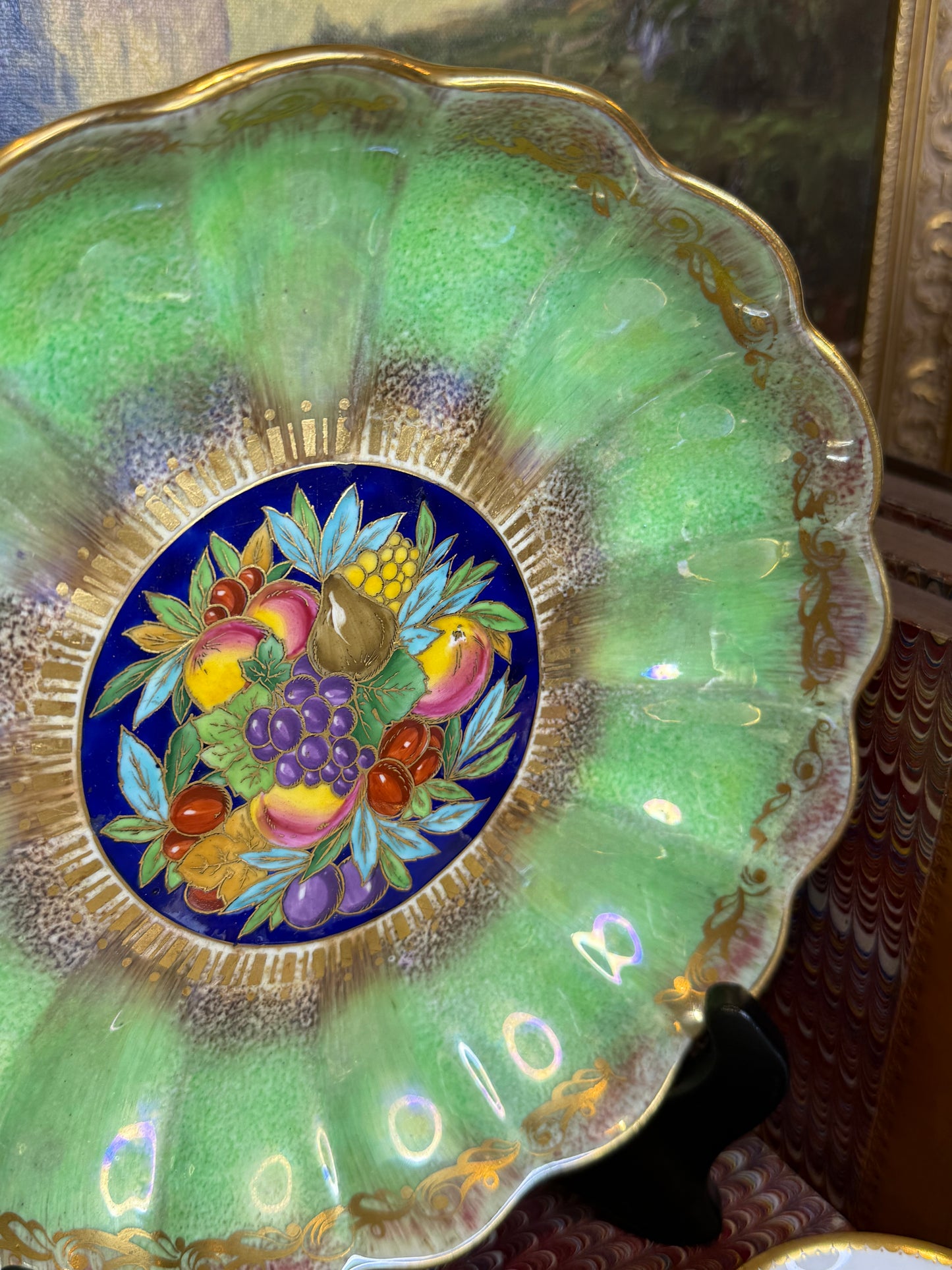 Antique Minton Hand-Painted Cabinet Plate with Fruit Center & Iridescent Green Border | 9”
