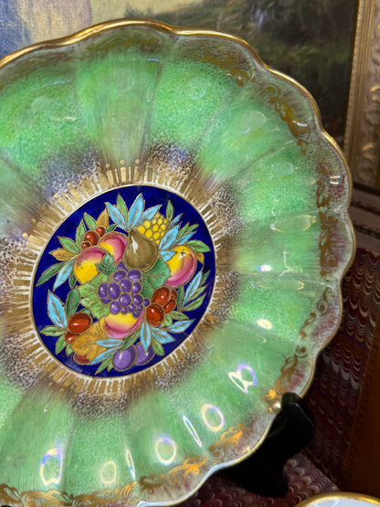 Antique Minton Hand-Painted Cabinet Plate with Fruit Center & Iridescent Green Border | 9”