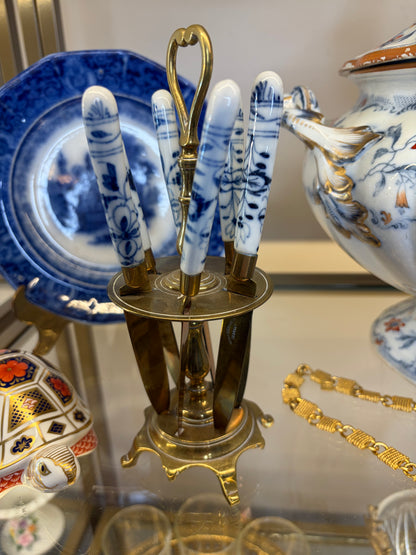 Beautiful antique German fruit/dessert knife set featuring blue and white "Blue Onion" style porcelain handles in a matching caddy holder!
