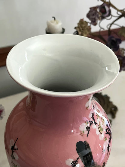 Gorgeous Pink Chinoiserie Hand Painted Enamel Birds And Blossoms Vase - Chinese Export