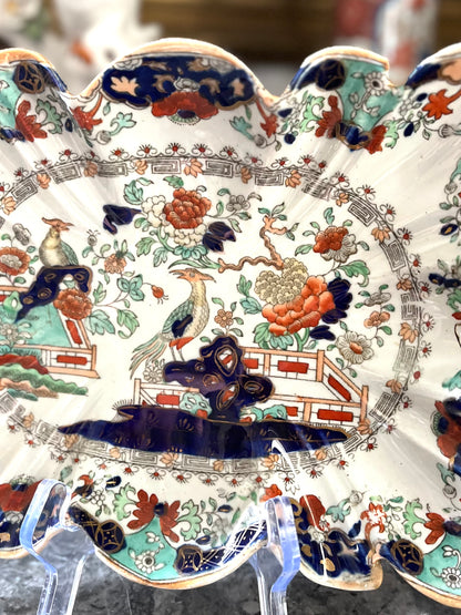 Live 07/28 Rare Colorway Antique Mason’s Patent Ironstone Chinoiserie Scalloped Serving Dish | Hand-Stapled Antique Repair | c.1840