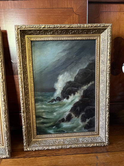 Sold Reserved Estate Antique Moody Coastal Seascape Original Fine Oil Paintings in Gilt Frames | Pair