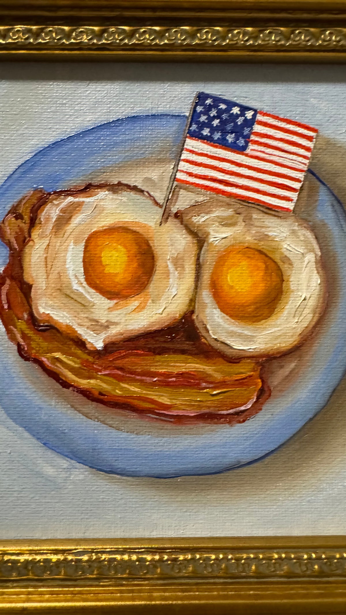 Original American Breakfast Oil Painting – Bacon and Eggs with USA Flag in Vintage Gold Frame
