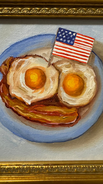 Original American Breakfast Oil Painting – Bacon and Eggs with USA Flag in Vintage Gold Frame