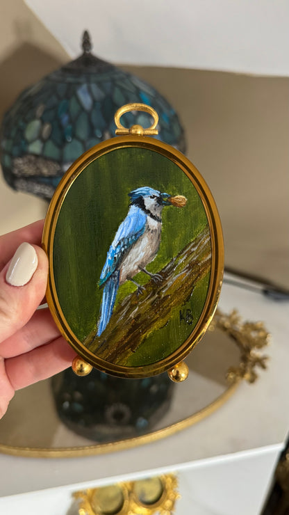 Day 5 challenge blue Jay, original oil painting in vintage brass frame