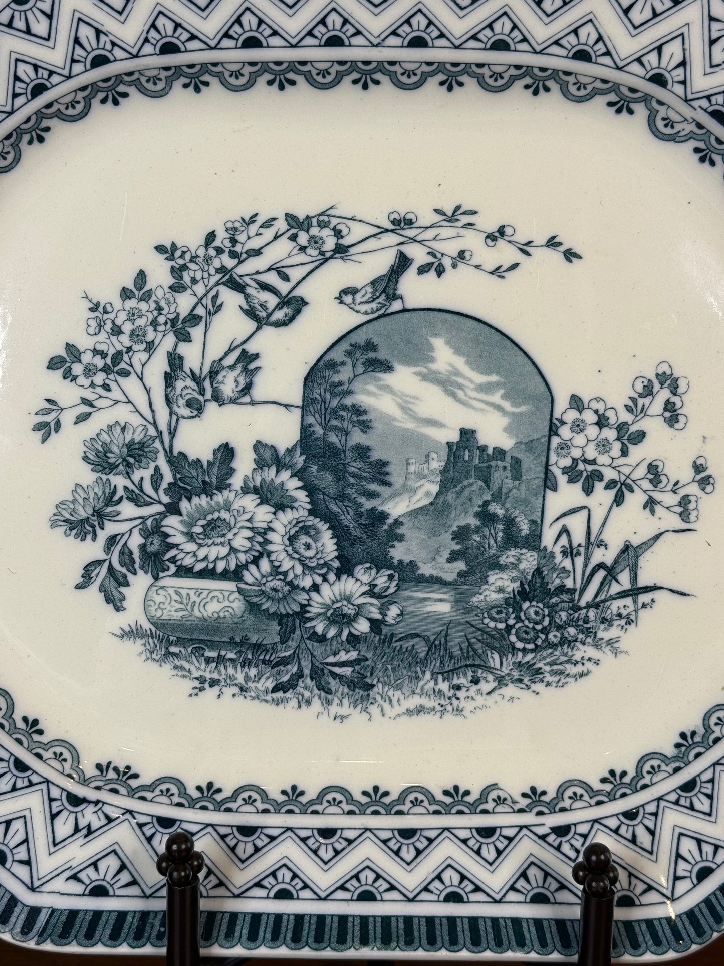 Antique Wedgwood Blue & White Transferware Platter | Scenic Floral Octagonal Serving Platter | c.1860–1880 | 16”