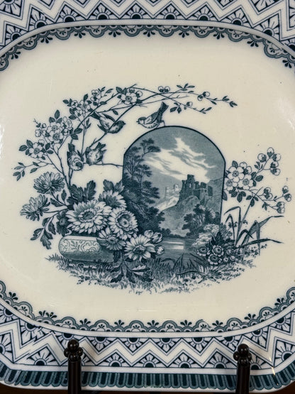 Antique Wedgwood Blue & White Transferware Platter | Scenic Floral Octagonal Serving Platter | c.1860–1880 | 16”