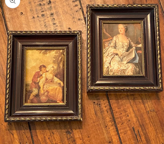 Lovely set of 2 vintage portraits in rich wood and gold gilt frames wall art