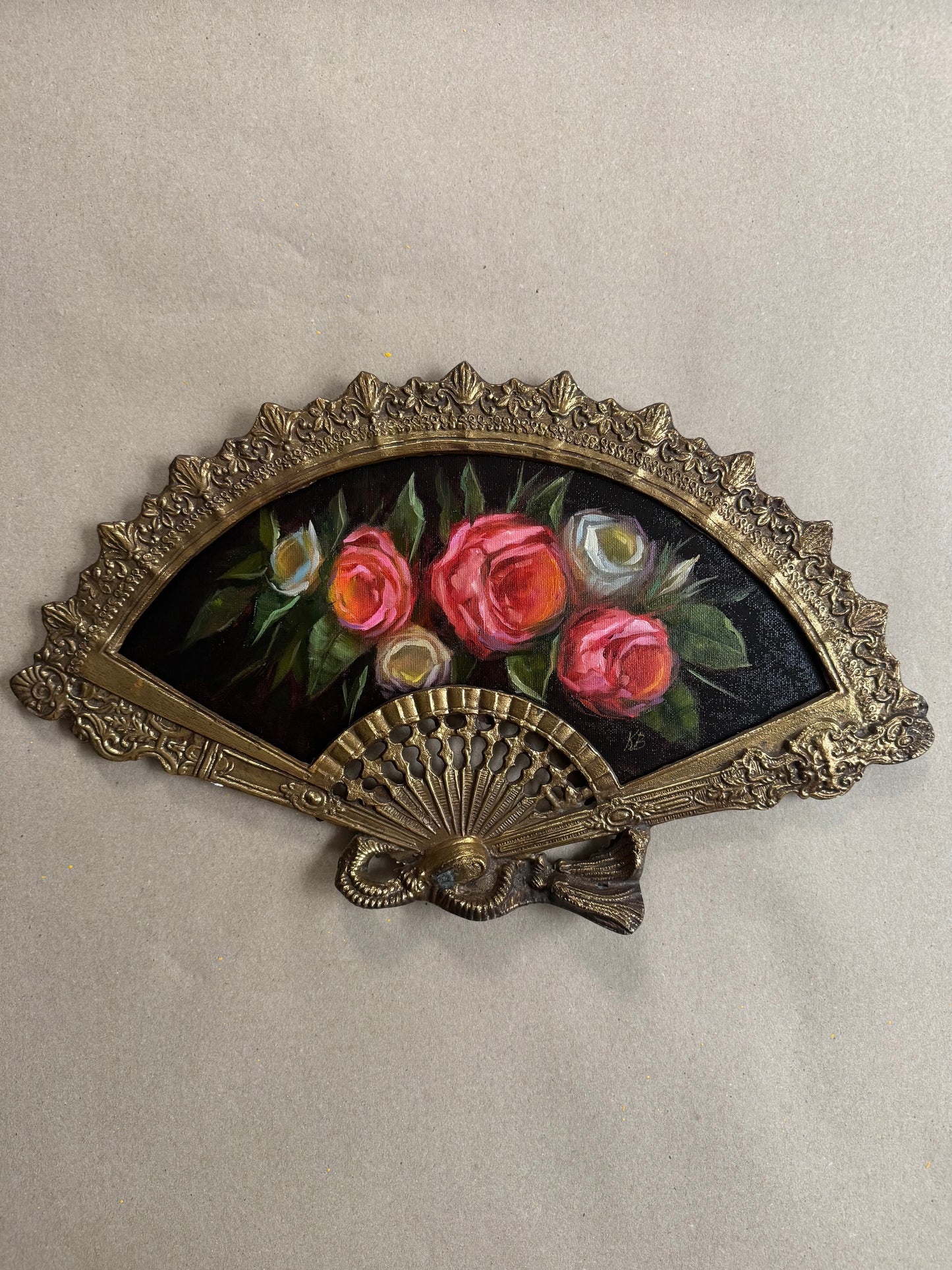 Bouquet of roses still life original oil painting in brass fan frame