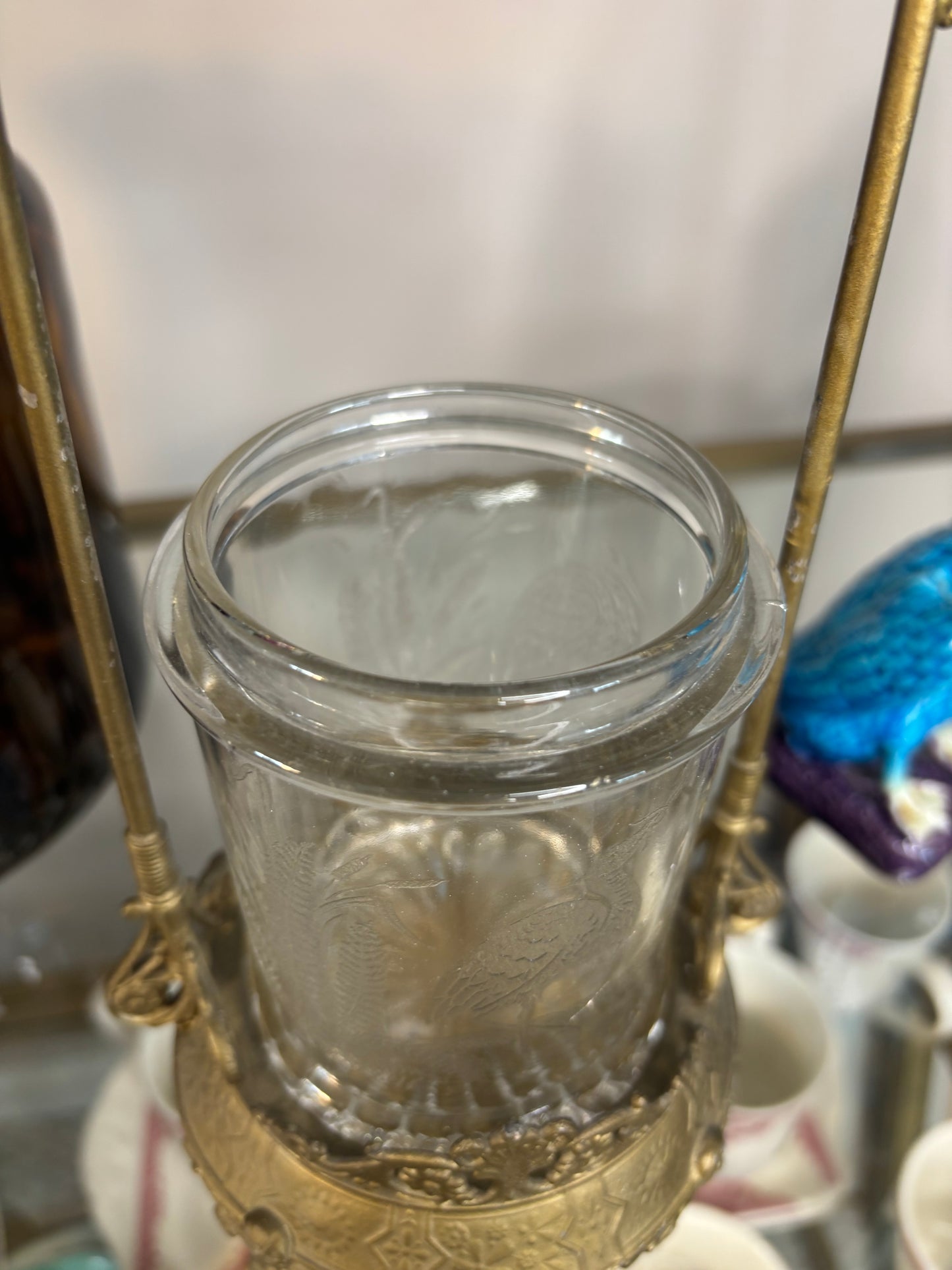 Stunning antique pickle jar in cast metal with bird details!