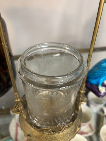 Stunning antique pickle jar in cast metal with bird details!