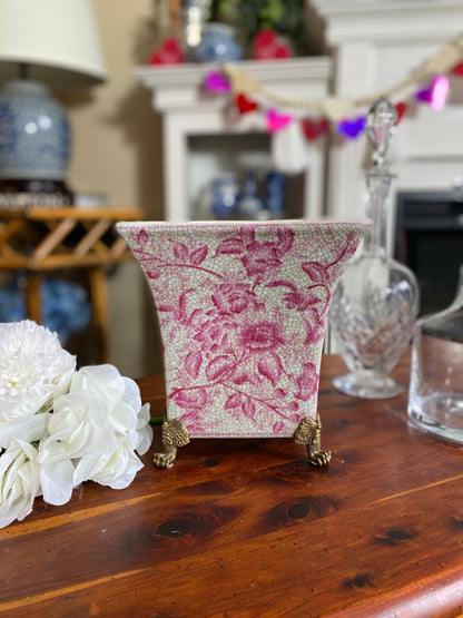 Danny's Fine Porcelain - Pink/White “Prim Rose” Bronze Footed Square Vase Planter - 8.5x6.5"