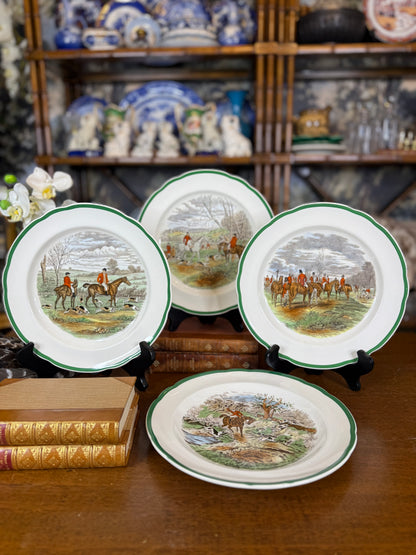 Vintage Spode “The Hunt” J.F. Herring Sr. Equestrian Hunting Plates, Set of 4, Green Trim, Scalloped Edge, England, 10” D | #DA4593