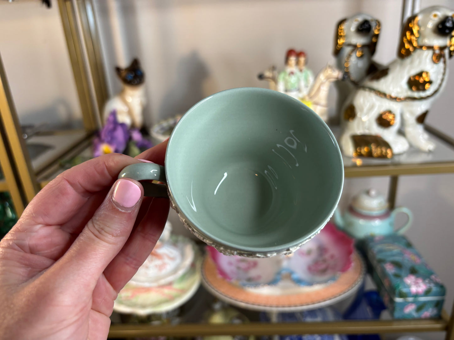 Lovely Wedgwood Queensware green and white teacup and saucer set!