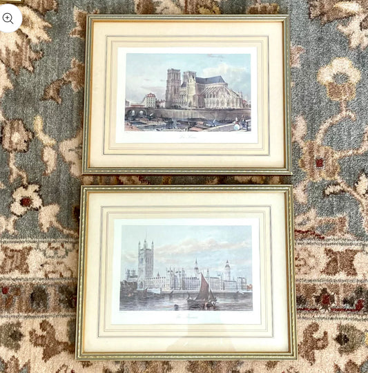Pair of vintage color lithograph prints of France landscapes wall art
