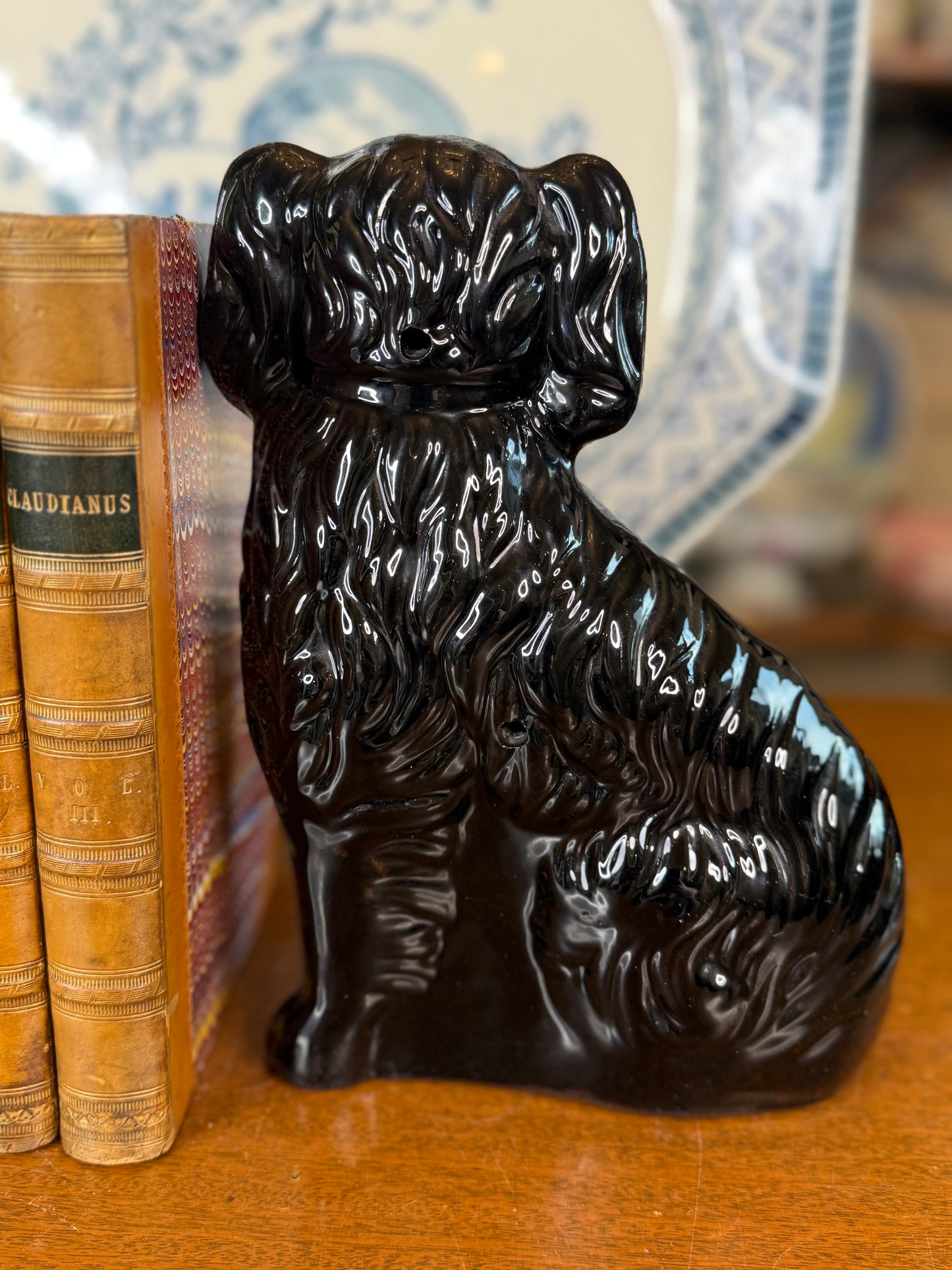 Antique Pair of 19th Century Black Jackfield Spaniels | Staffordshire Dogs | 9.5"H x 7"W x 3.5"D | #DA4506