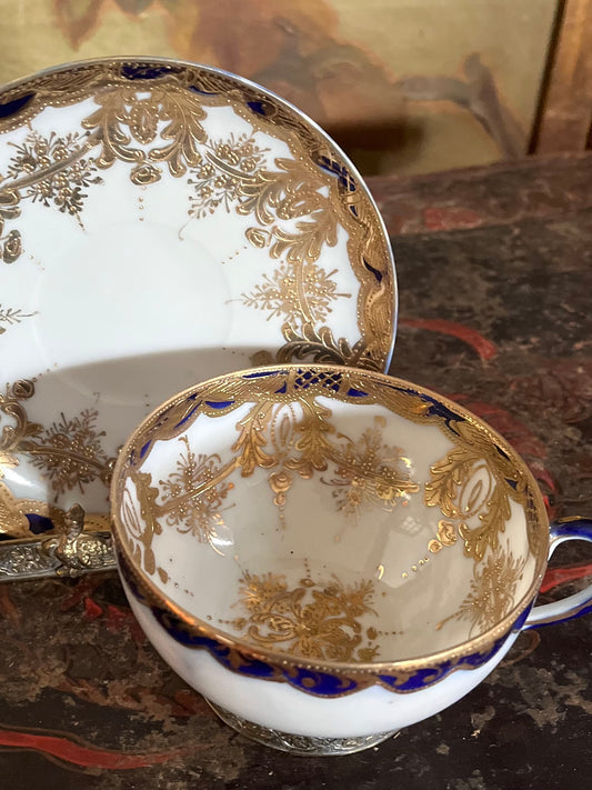 ⚜️Reserved Live 09/22 Stunning Rare Antique Nippon Moriage Gilded Footed Cup And Saucer - Cobalt/Gold/White