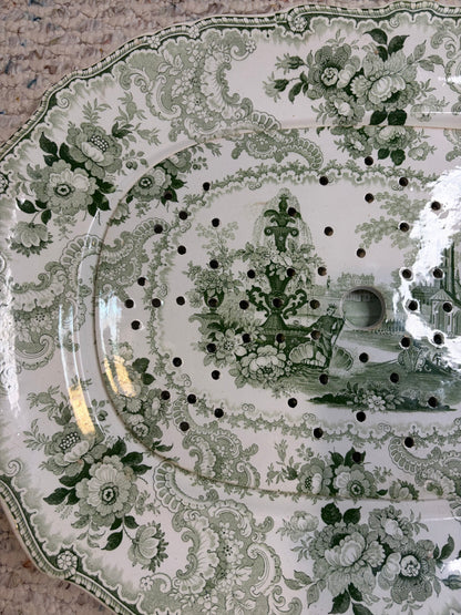 Stunning antique William Adams & Sons "Fountain Scenery" green and white transferware platter with strainer!