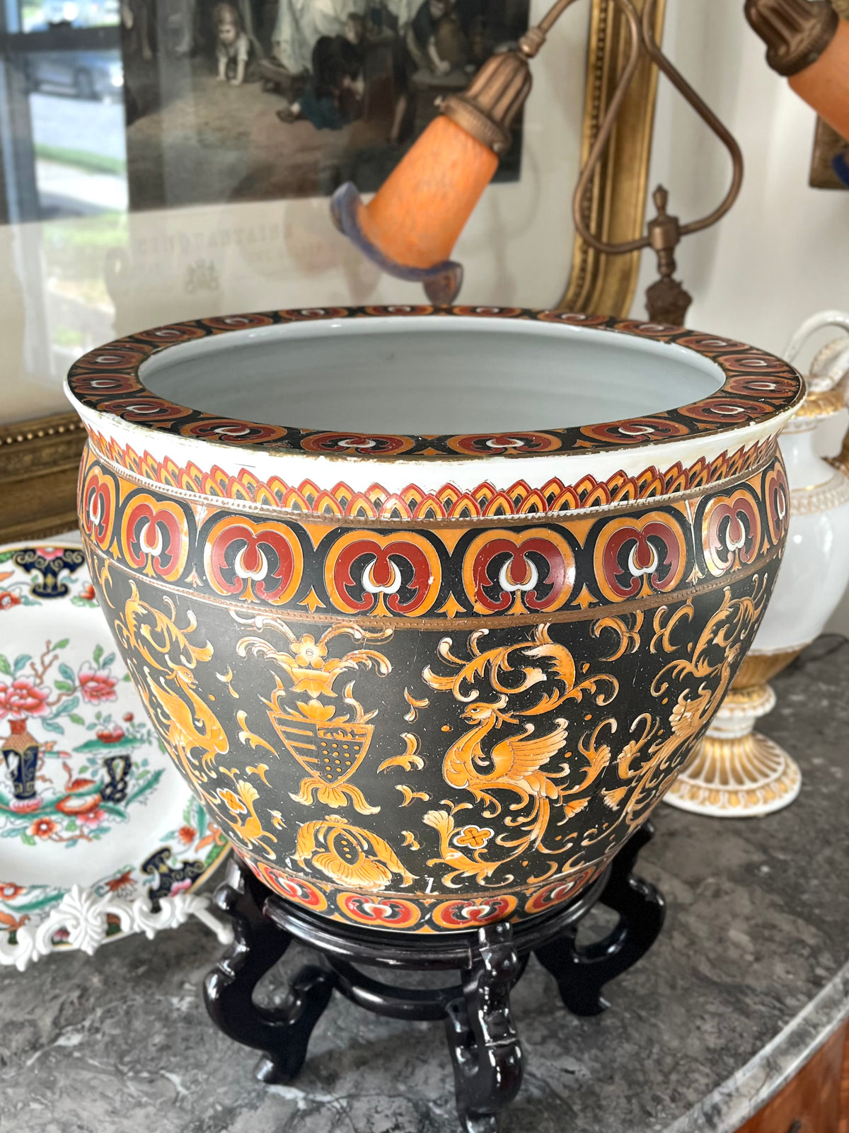 Live 09/15 Striking Large Chinoiserie Black Ground Fish Bowl Jardinière with Stand - Floor Size