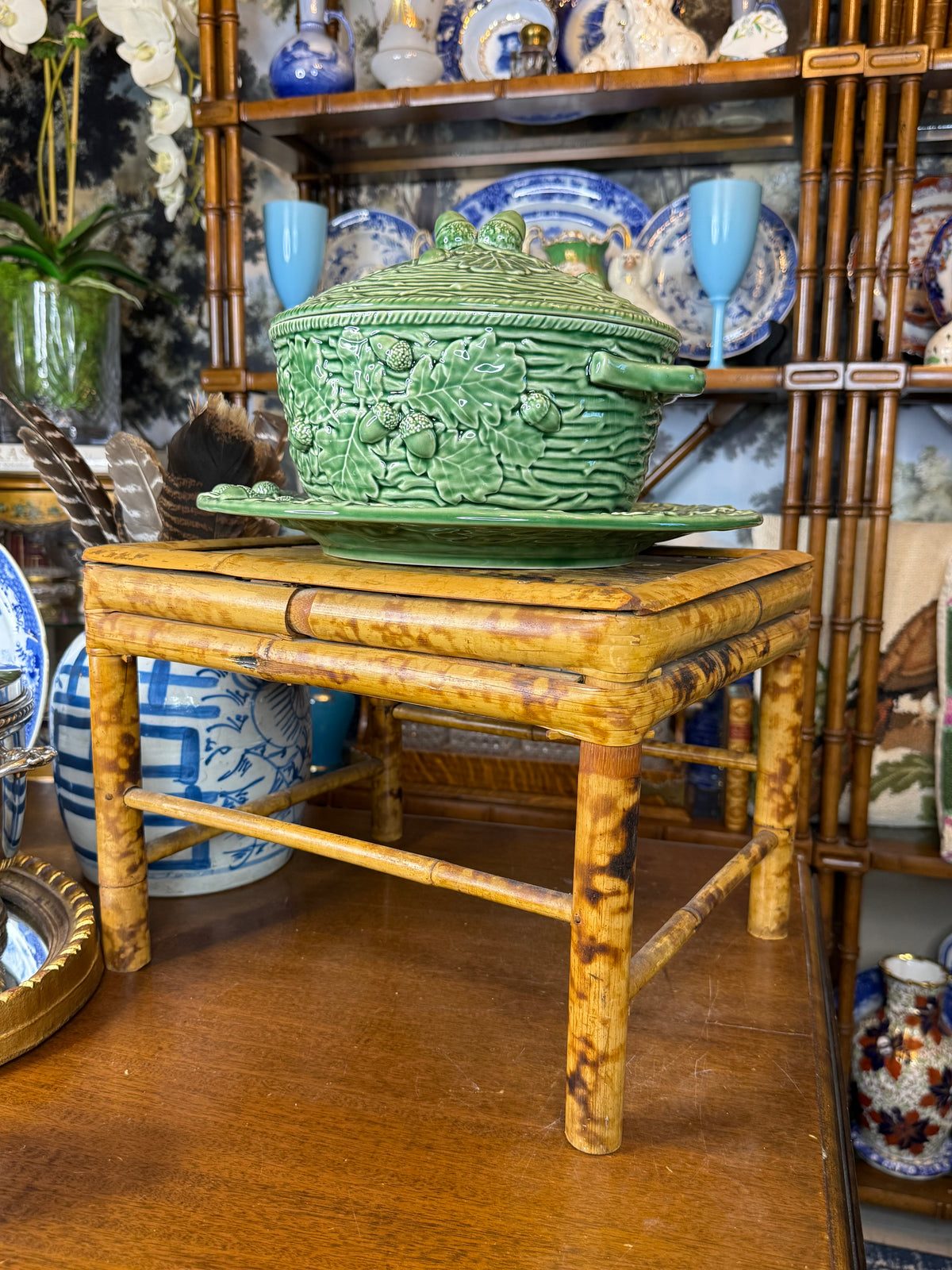 Vintage Chinese Bamboo Display Pedestal / Low Stand | Tortoiseshell Finish | 14.5” W × 12” D × 10” H