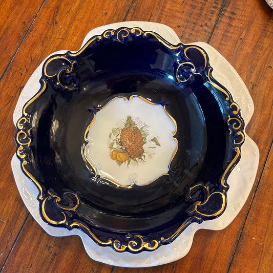 VINTAGE PORFIN CLUJ NAPOCA COBALT PINEAPPLE BOWL GILT FLORAL 10" ROMANIAN PORCELAIN