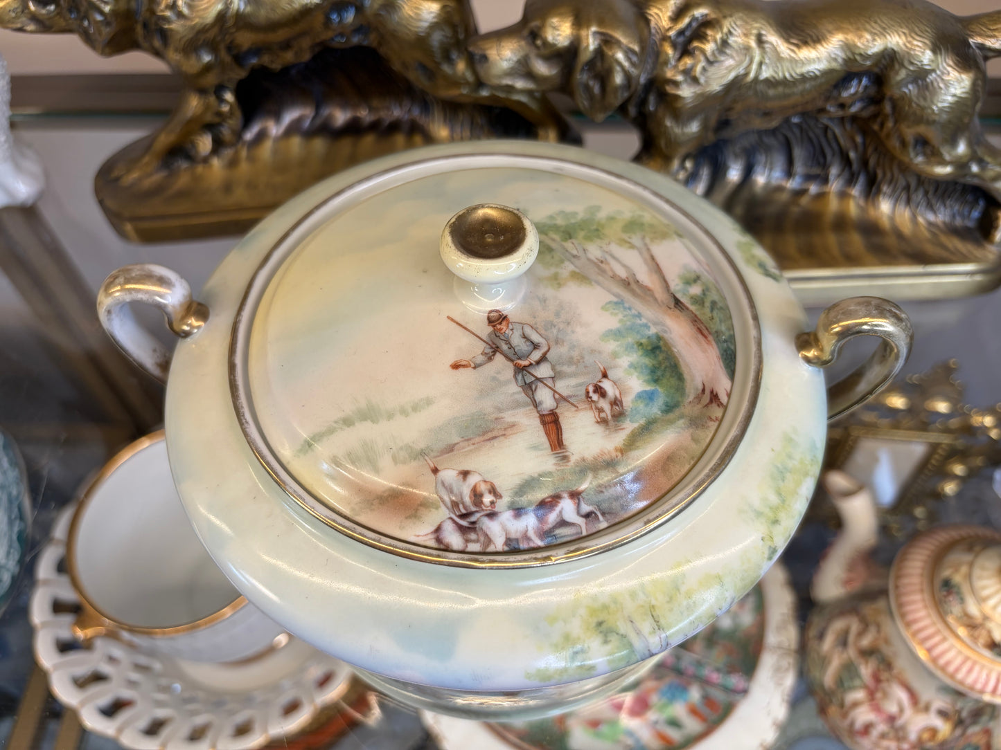 Handpainted Bavarian hunting scene lidded bowl!