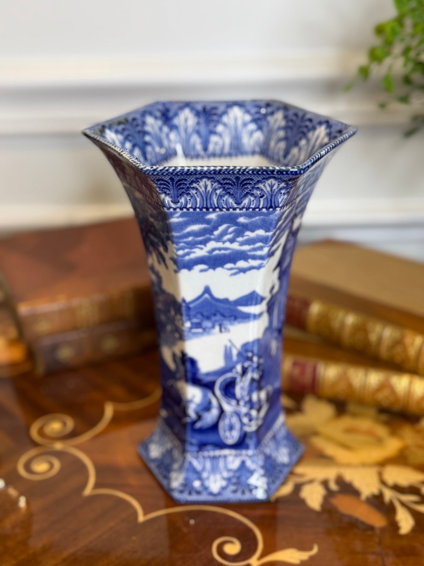 Antique 1920s Cauldon England Blue & White Carriage Vase | 8”