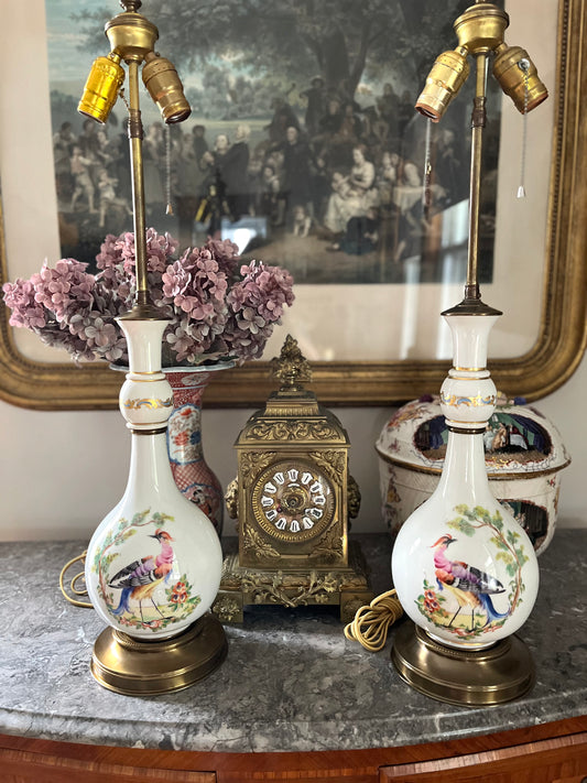 Stunning Pair of Adjustable Height Hand-Painted Porcelain Vase Lamps, Chelsea Bird Inspired - Early 20th Century