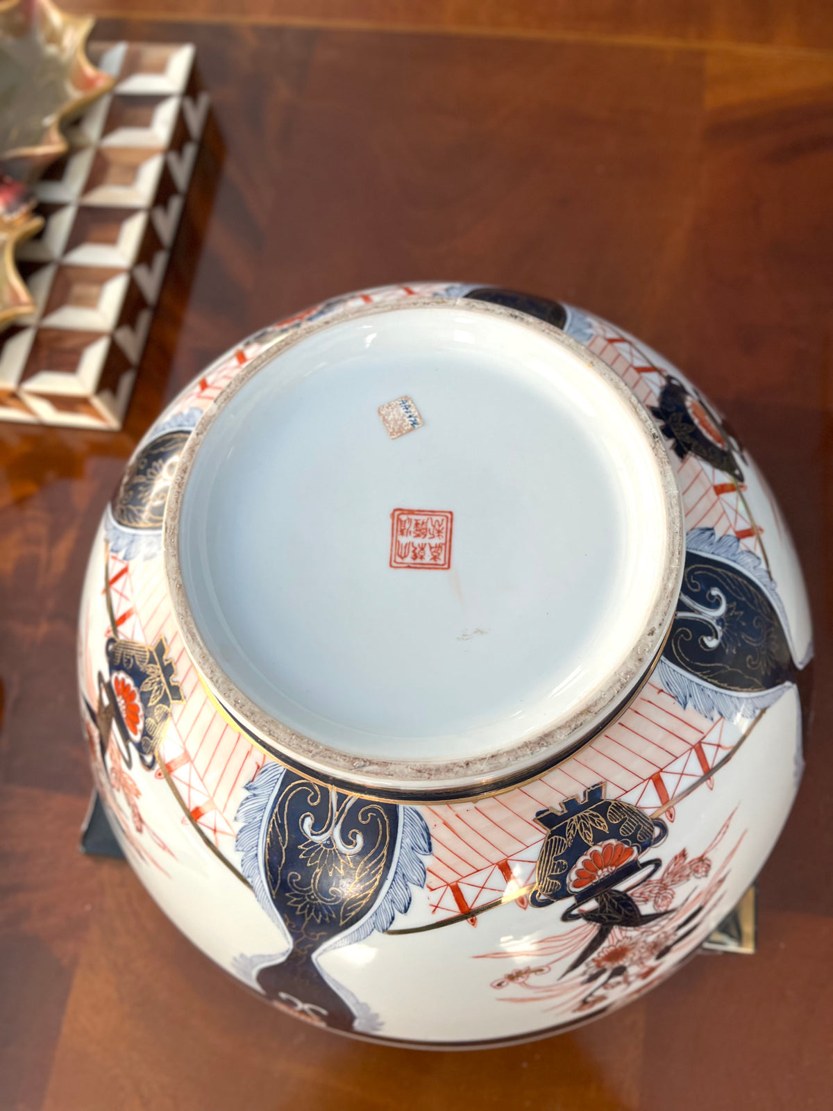 Large Imari Hand Painted Punch Bowl With Ornate Wood Stand
