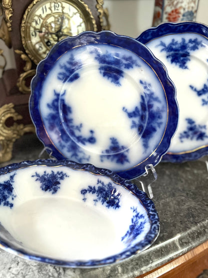 RESERVED - AMYLEA - Live 06/09 3 Piece Set Of Henry Alcock England Touraine Flow Blue 2 9” Dinner Plates/10” Vegetable Bowl