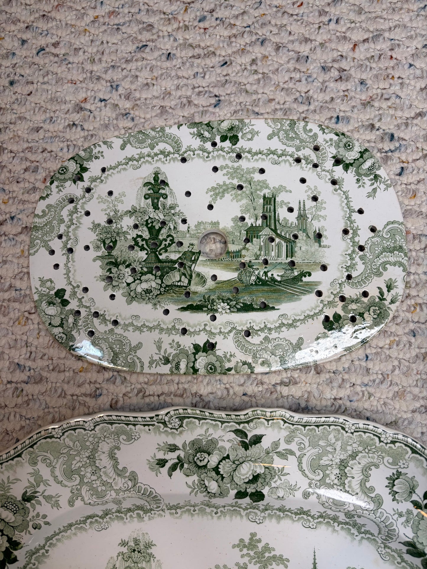 Stunning antique William Adams & Sons "Fountain Scenery" green and white transferware platter with strainer!
