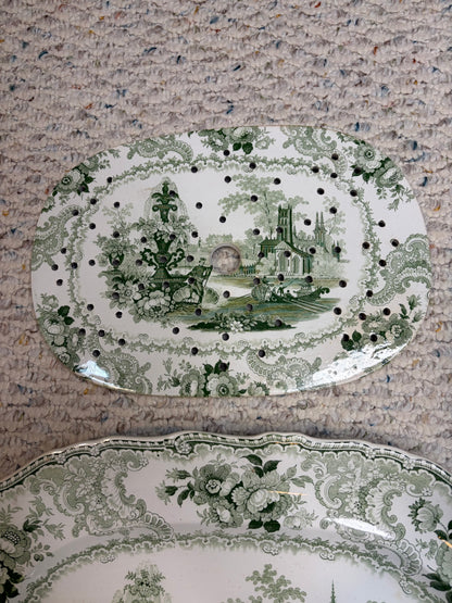Stunning antique William Adams & Sons "Fountain Scenery" green and white transferware platter with strainer!