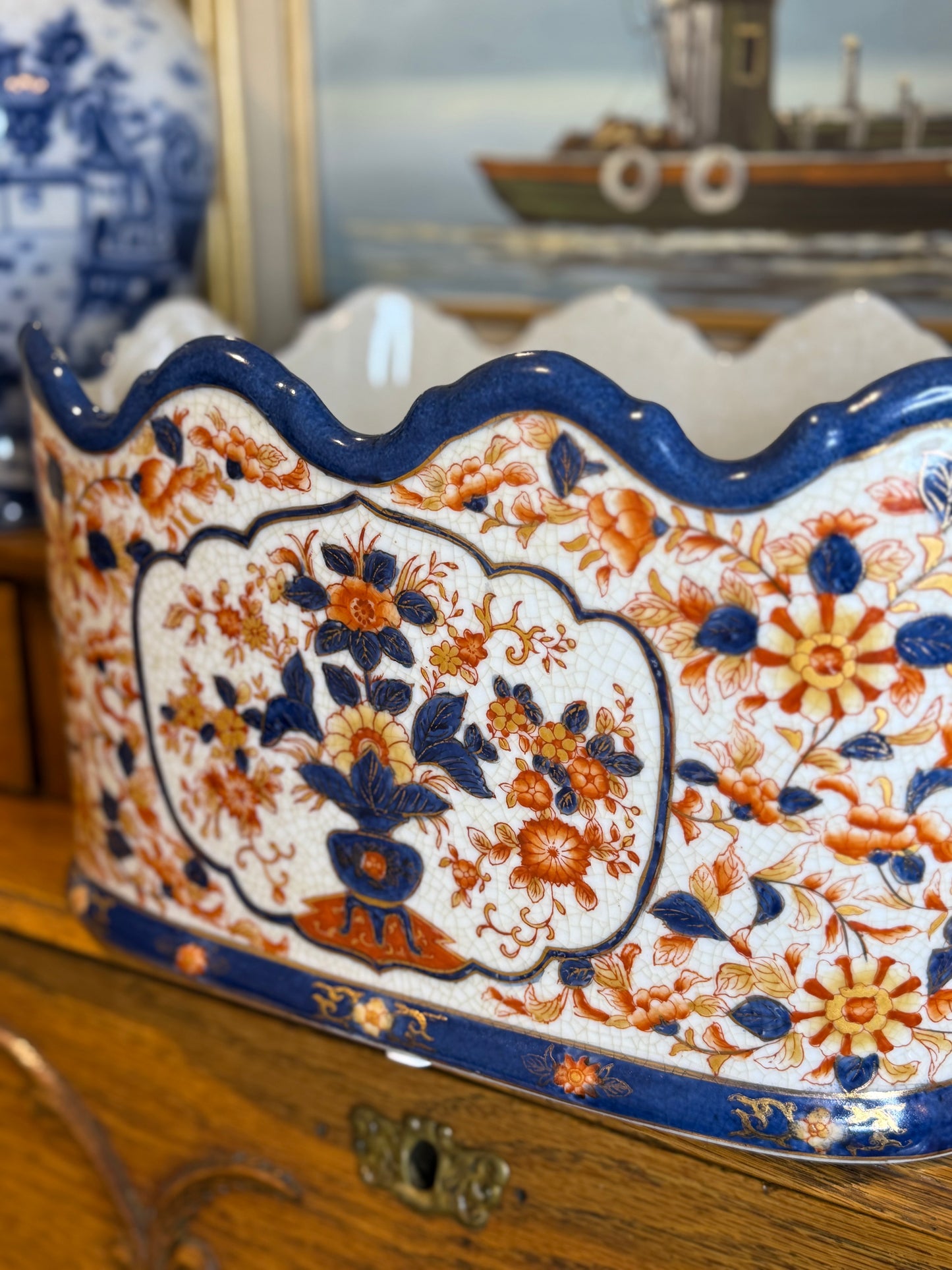 Danny’s Fine Porcelain Imari ScallopedOval Planter: 12” L x 9” W x 8” H