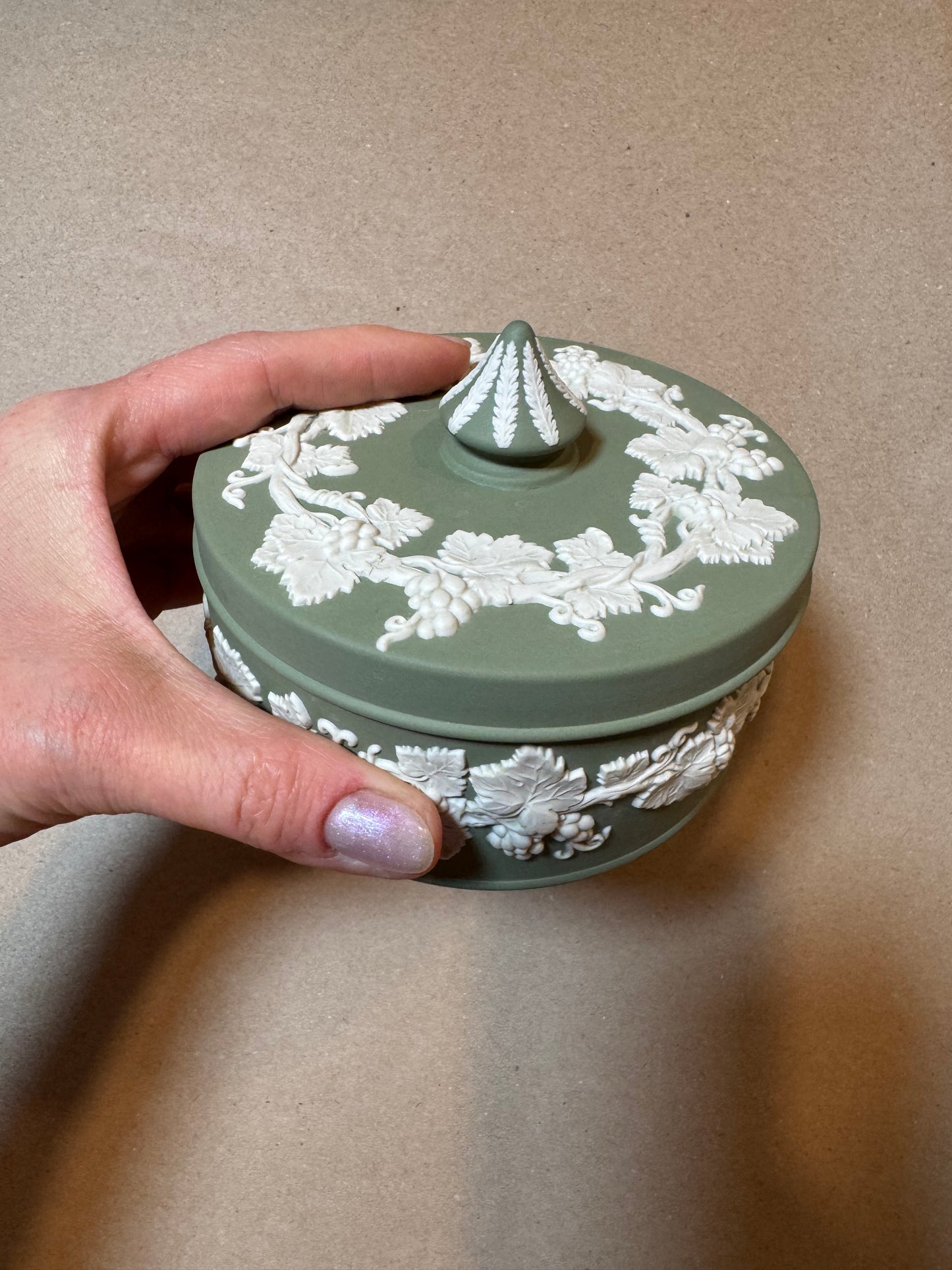 RESERVED - GREENBERG_K - Live 06/15 sage green Wedgwood circus tip lidded jar