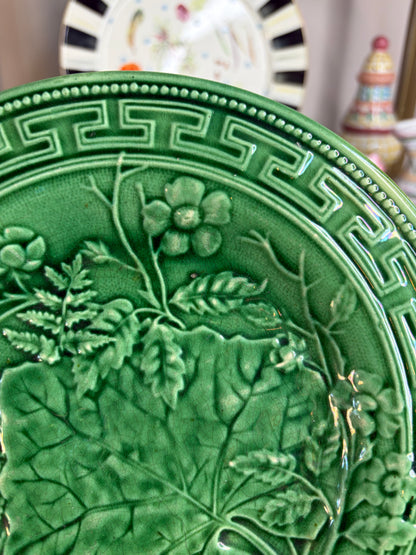 Lovely majolica green plate with Greek key border! As is!