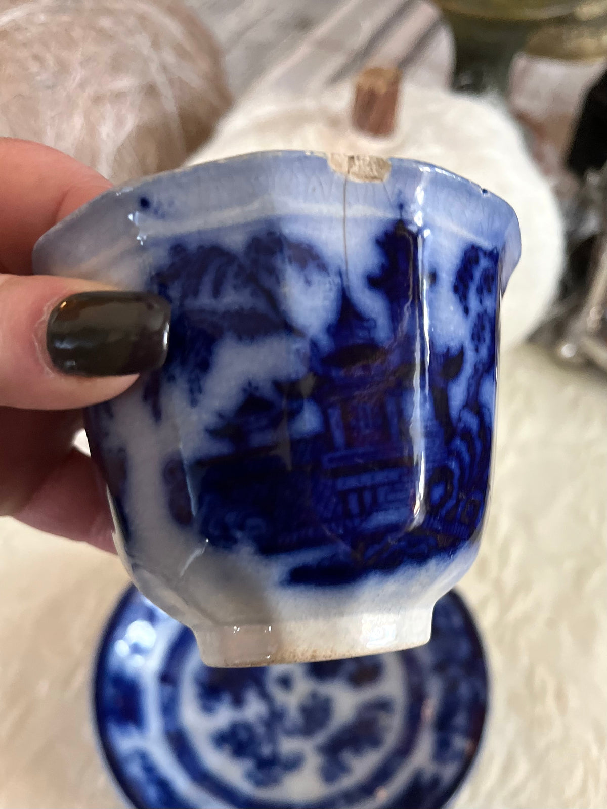Early Victorian John Maddock Hindustan Flow Blue Tea Bowl & Saucer | 19th Century