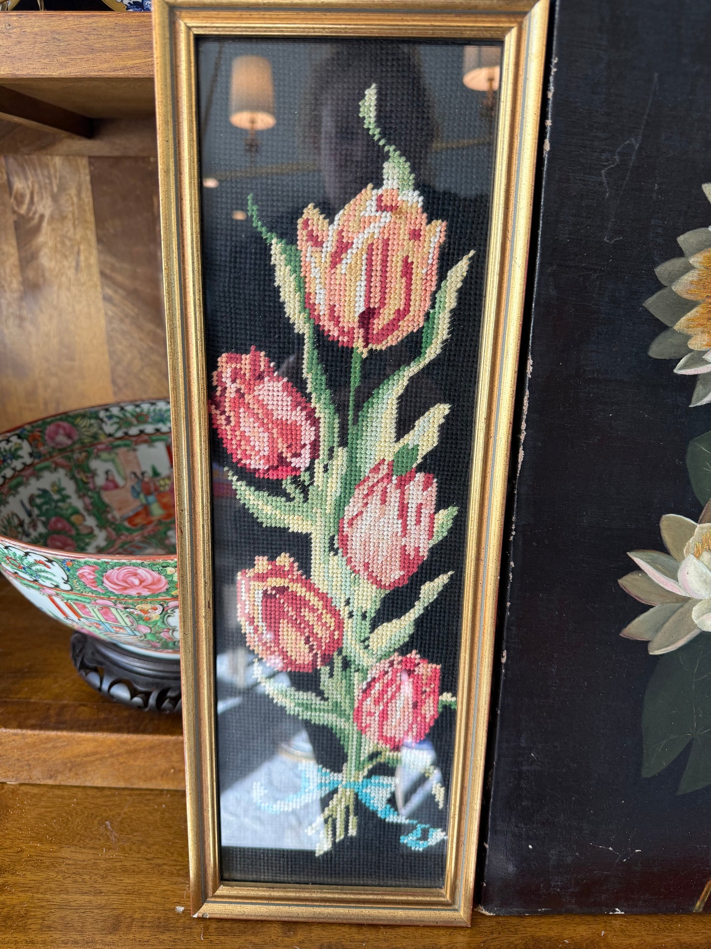 Vintage Framed 17” Floral Needlepoint