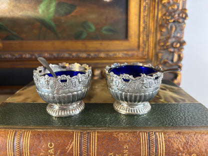 Reserved! Beautiful Raimond silverplate salt cellars or caviar dishes with cobalt bowls and spoons!
