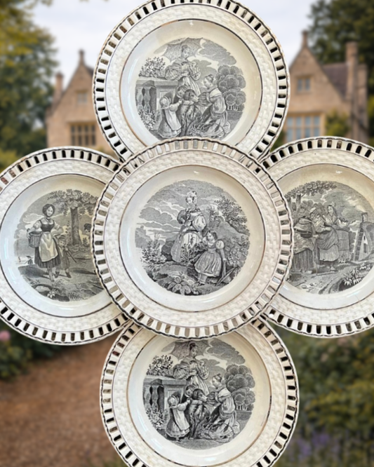 Early 19th Century Staffordshire Transferware Pierced Rim Plates – Romantic Pastoral Scenes – Set of Five, 8”