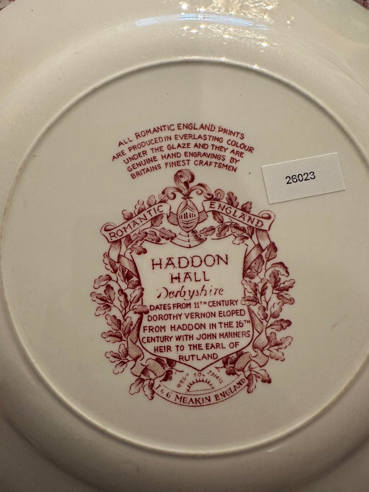 J & G Meakin “Romantic England” Pink / Red Transferware Haddon Hall, Derbyshire Dinner Plate | England, c. 1961–1977