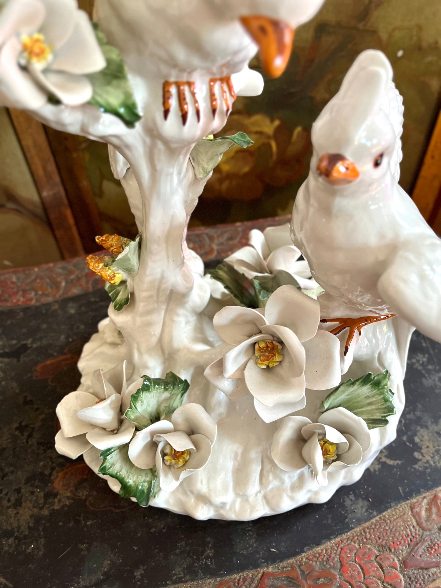 Live 08/25 Gorgeous Large Italian Porcelain Dove Pair with Hand-Applied Flowers – 14”