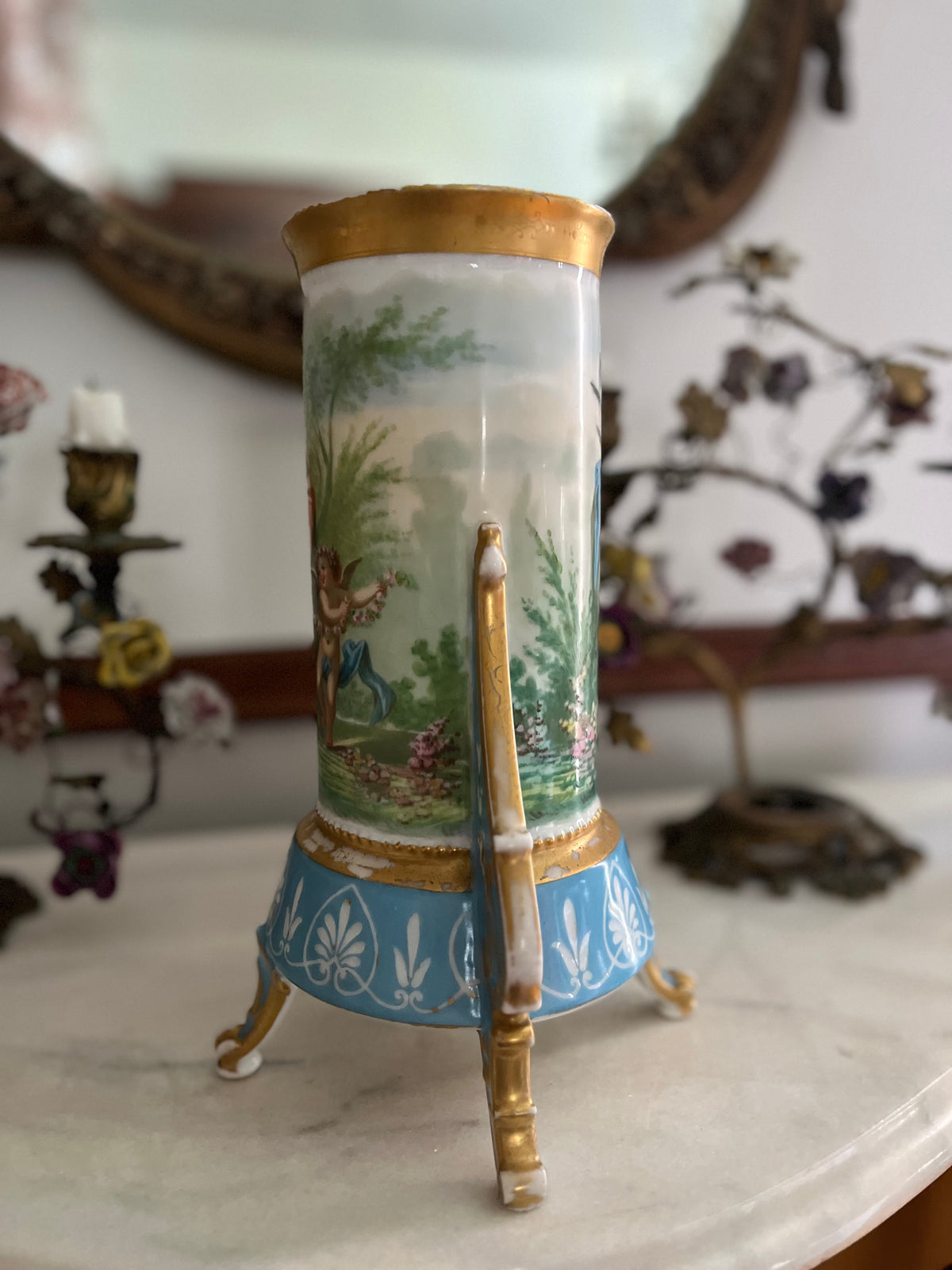 Antique French Paris Porcelain Tripod Vase, Bleu Céleste, Hand-Painted Maiden & Cupid, c. 1870
