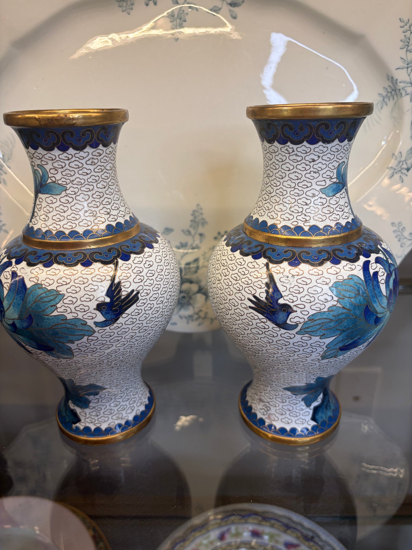 Beautiful cloisonné blue and white floral vases pair!