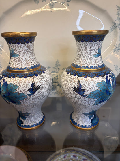 Beautiful cloisonné blue and white floral vases pair!