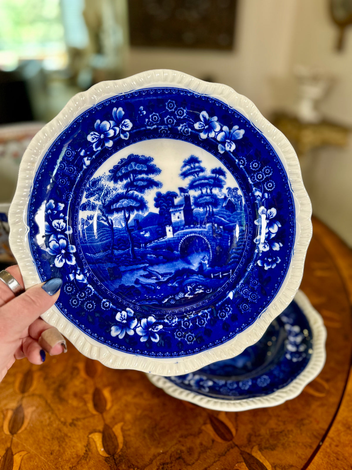 Pair Antique Copeland Spode Tower Blue Flat Soup Pasta Plates | November 1924