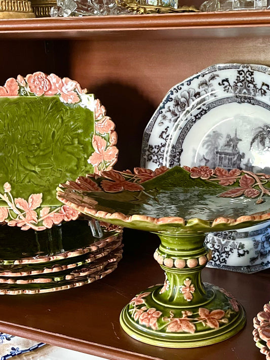 Rare Set - Antique Schütz Cilli Continental Majolica Dessert Service — Putto & Blossom, Set of 8 Plates + Cake Stand