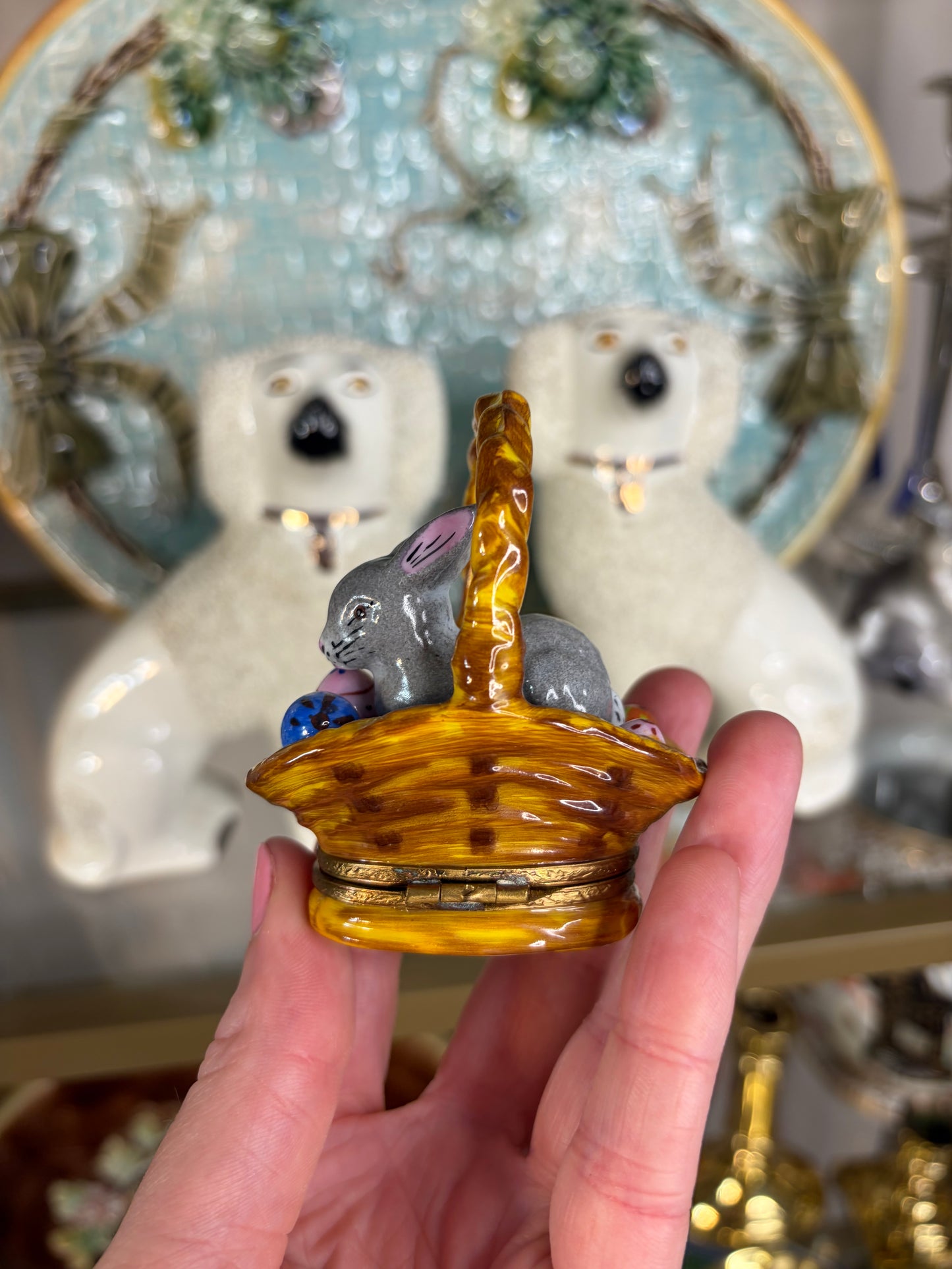 Sweetest Limoges bunny in a basket with eggs trinket box!