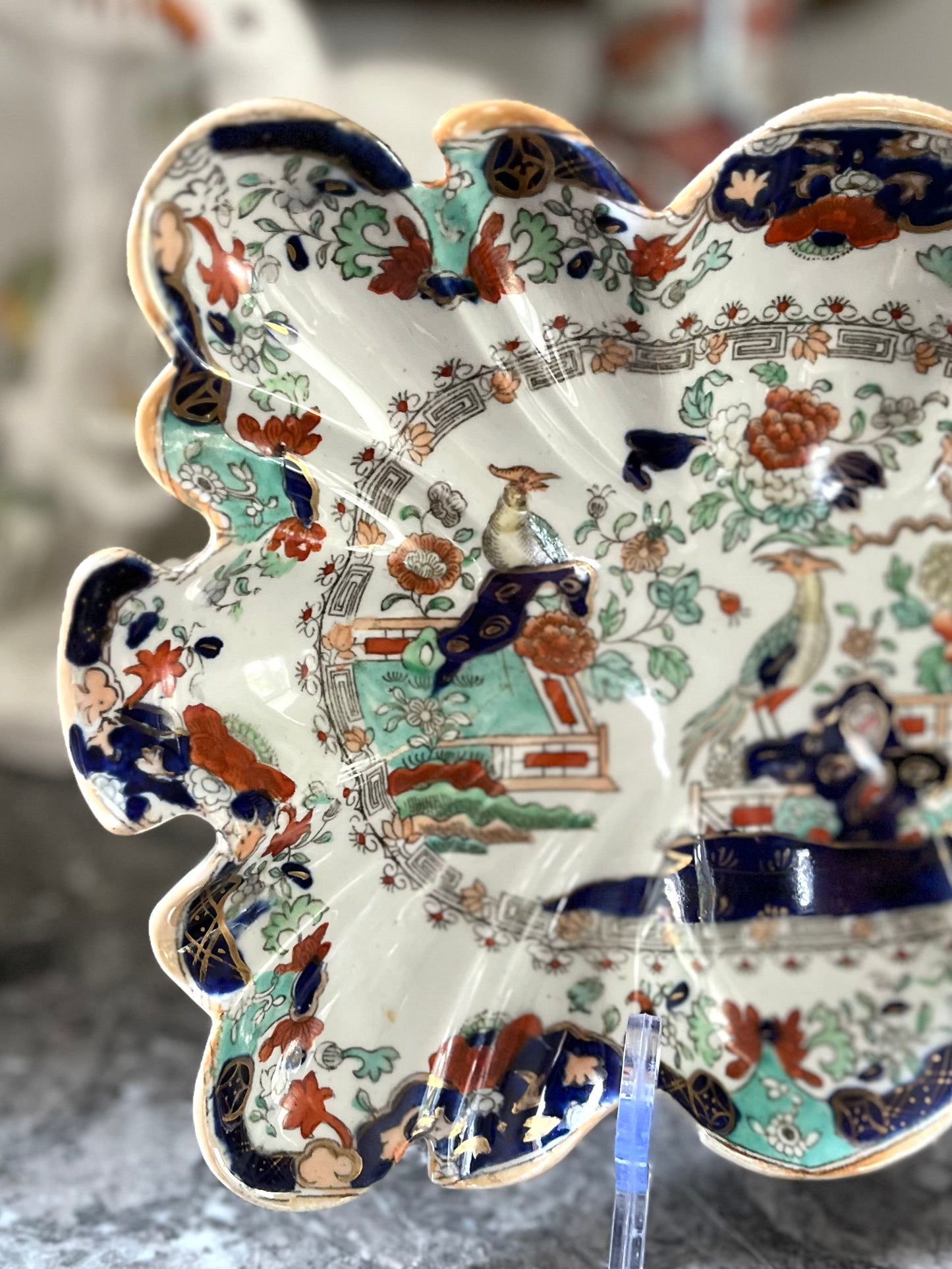 Live 07/28 Rare Colorway Antique Mason’s Patent Ironstone Chinoiserie Scalloped Serving Dish | Hand-Stapled Antique Repair | c.1840