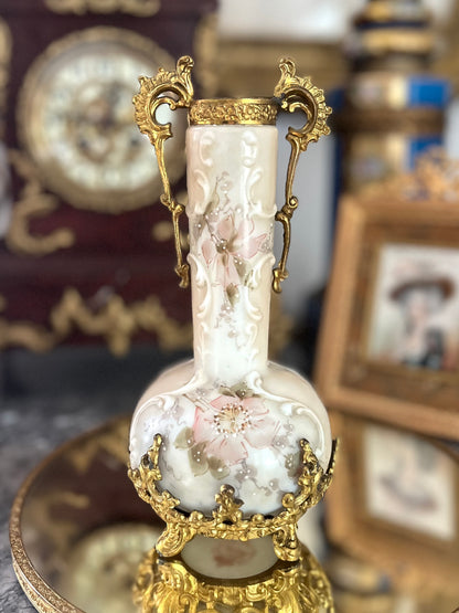 Antique Wavecrest Bud Vase in Gilt Ormolu Mounts — C.F. Monroe, Hand-Painted Wild Roses